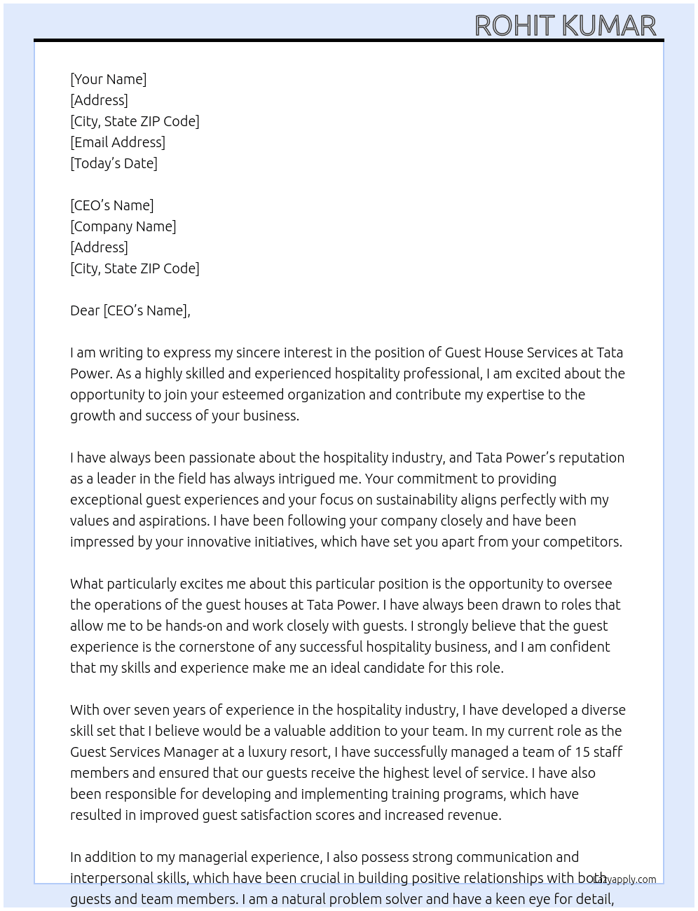 Cover letter for guest house services - LazyApply