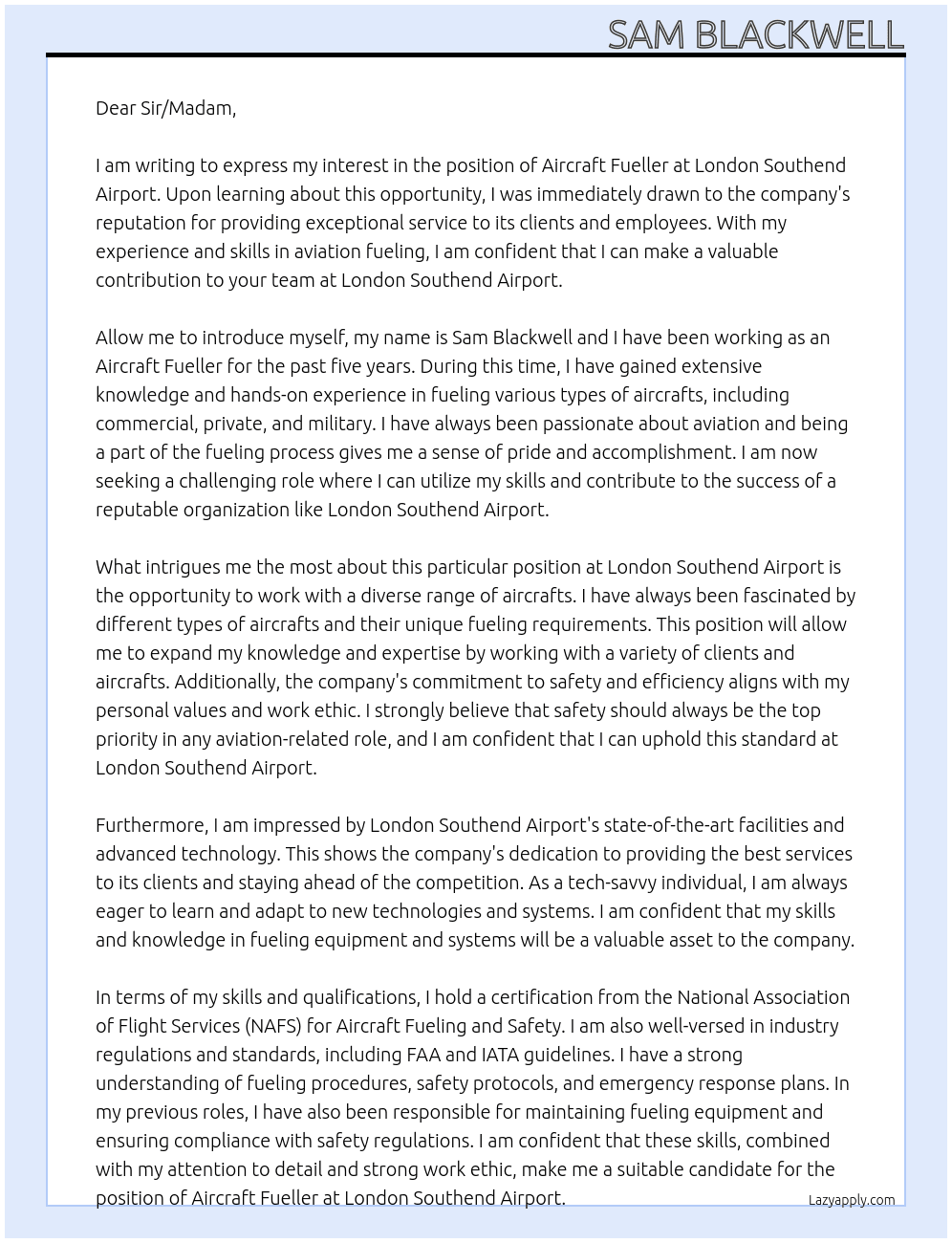 Aircraft Fueller At London Southend Airport Cover Letter