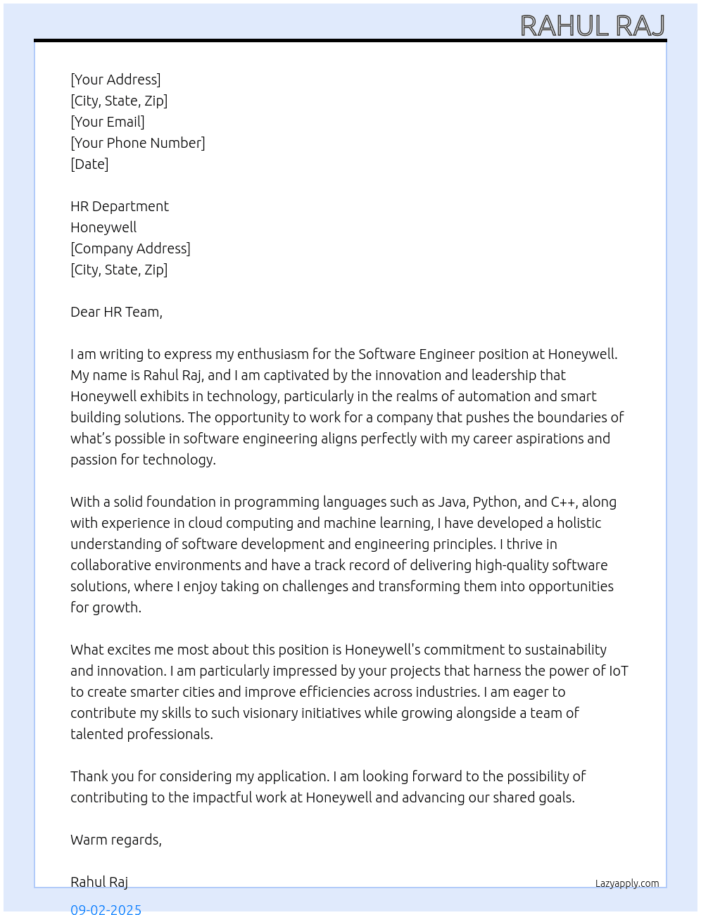 Software engineer At Honeywell Cover Letter