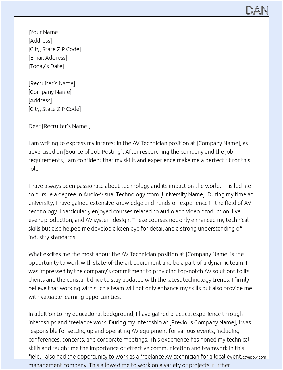 Cover letter for av technician - LazyApply
