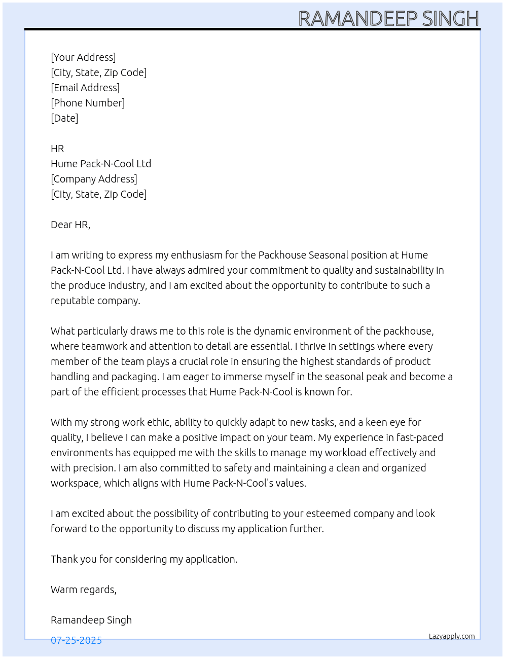 Cover letter for packhouse seasonal - LazyApply