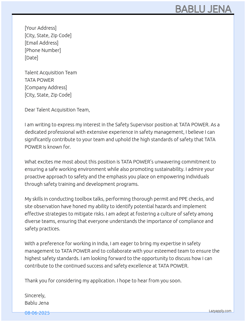 safety supervisior At TATA POWER  Cover Letter