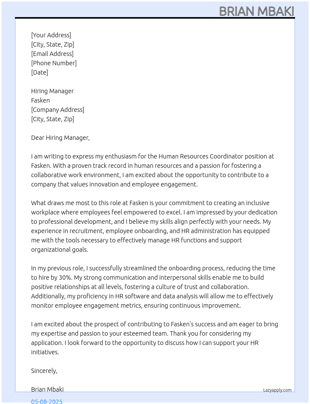 Human Resources Coordinator At Fasken Cover Letter