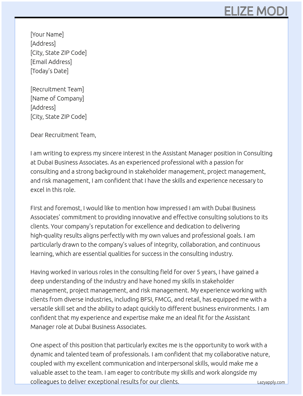 Assistant manager in consulting At Dubai Business Associates Cover Letter