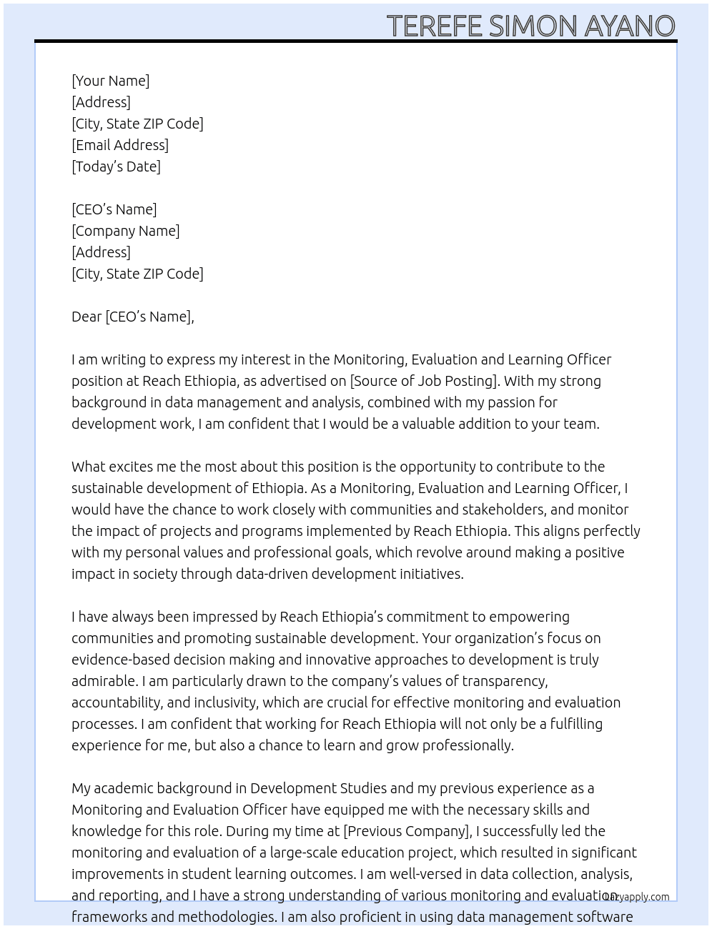 Monitoring, Evaluation and Learning Officer At Reach Ethiopia  Cover Letter