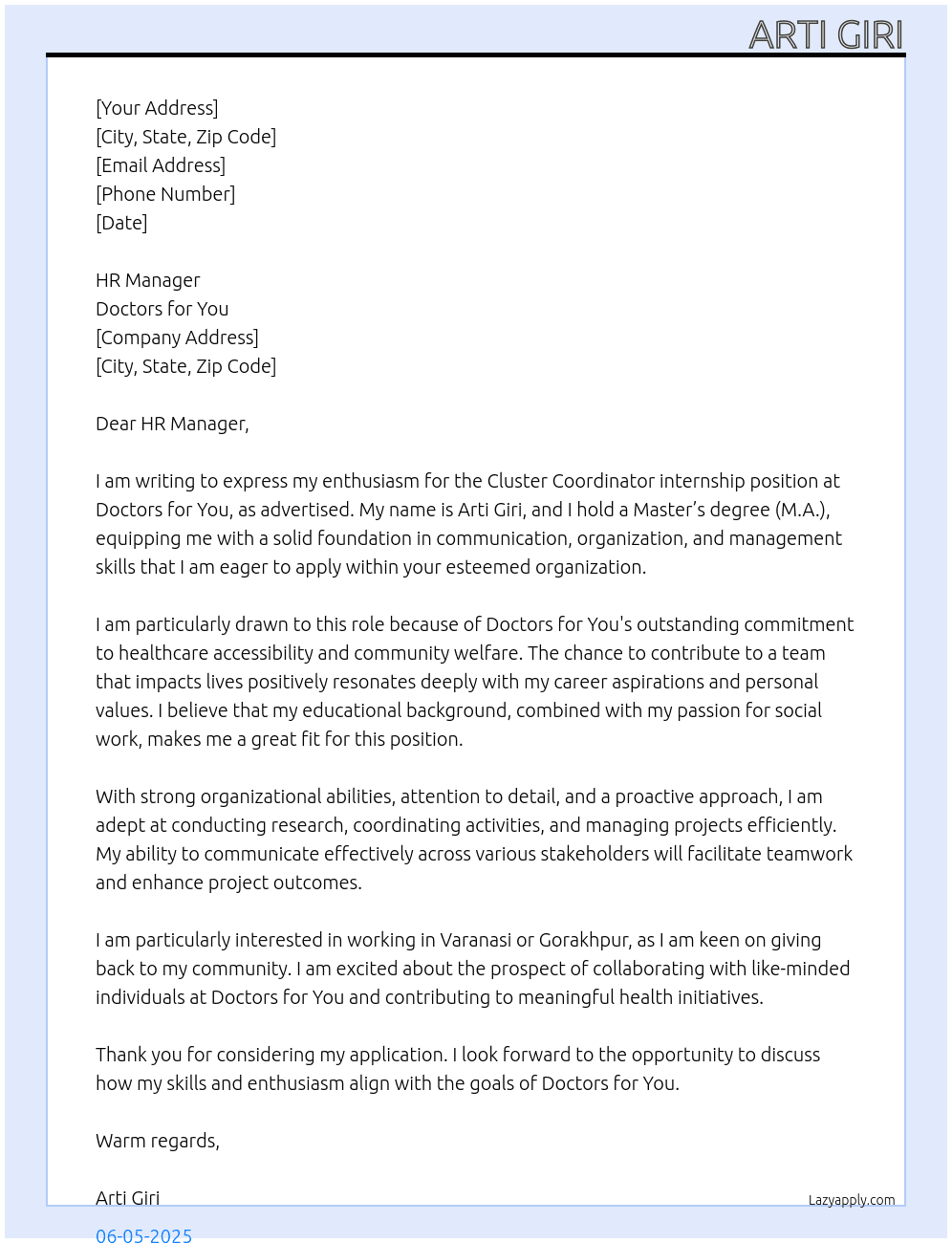 Cluster Coordinator  At Doctors for you  Cover Letter