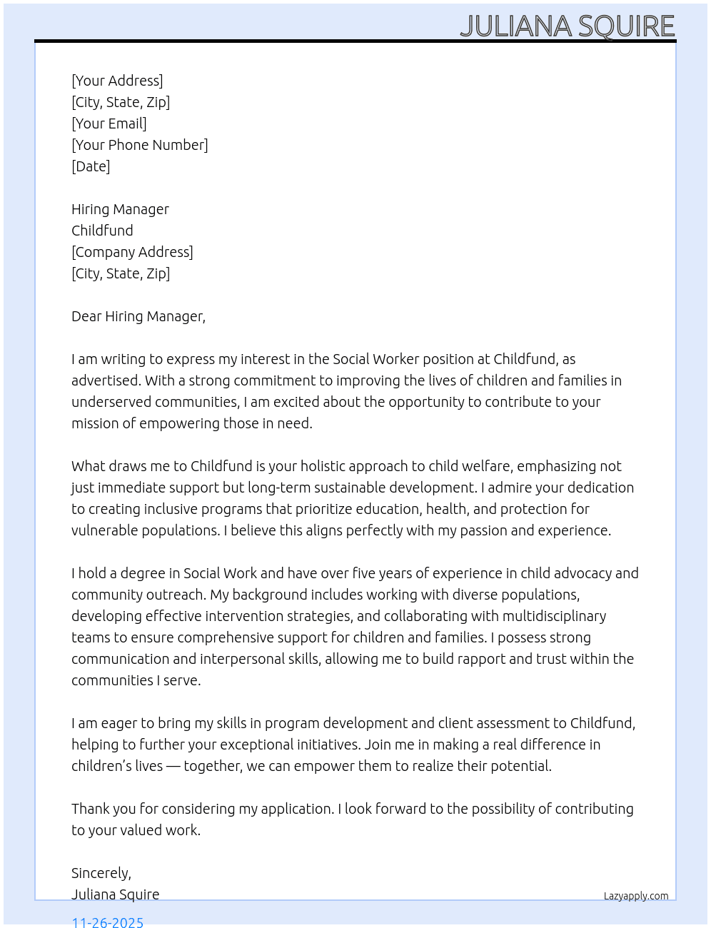 Social Worker At Childfund Cover Letter
