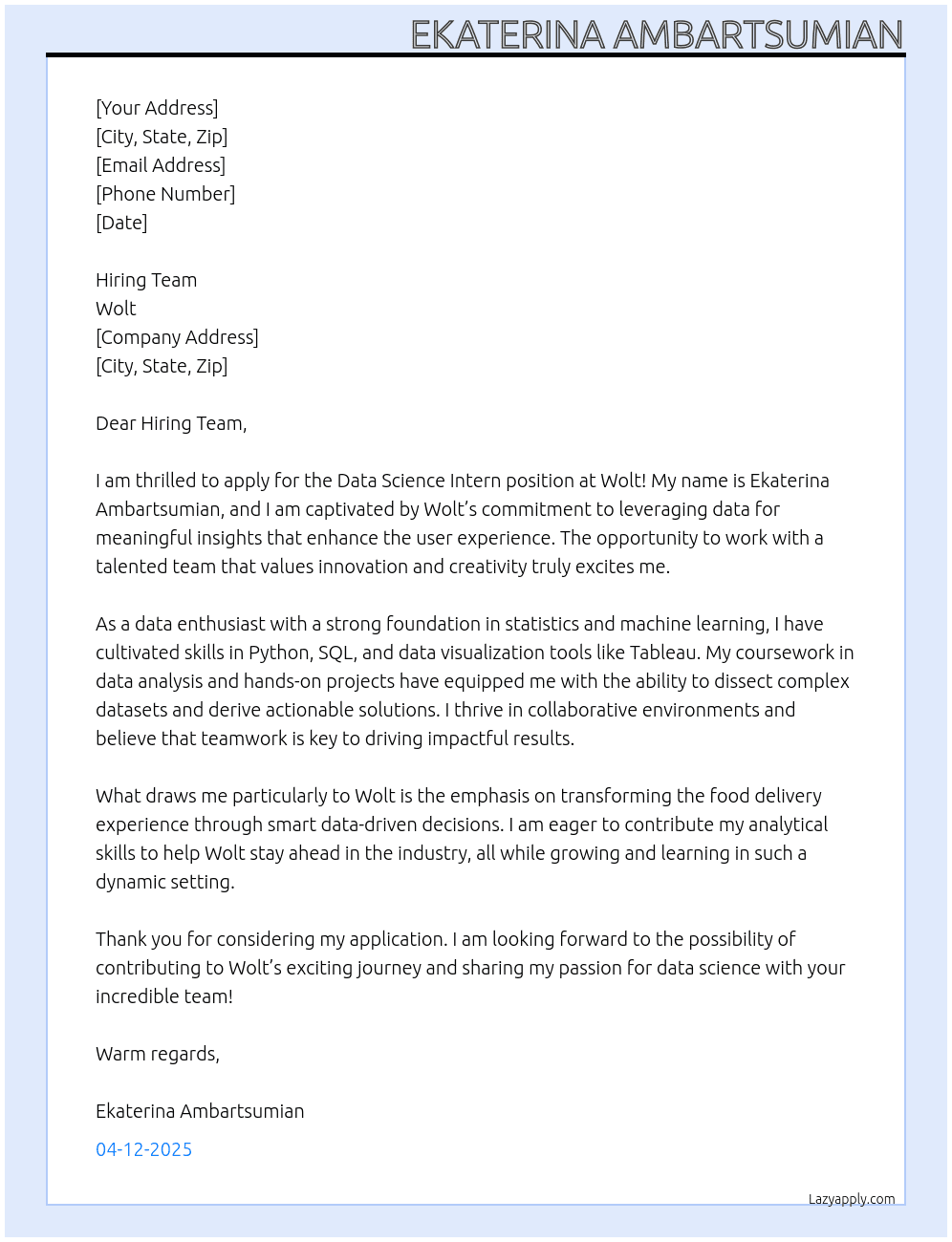 Data Science Intern At Wolt Cover Letter
