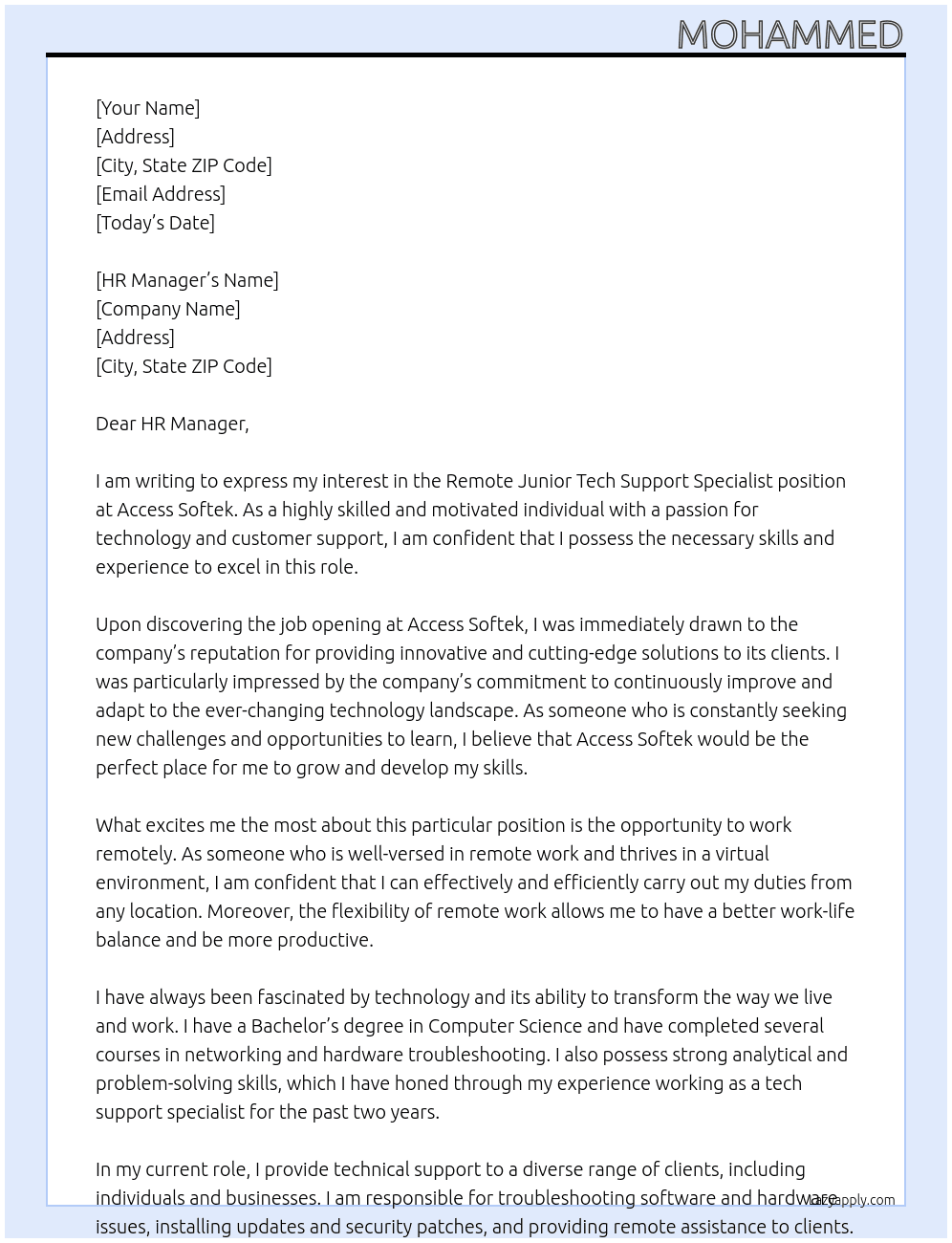 Cover letter for remote junior tech support specialist - LazyApply