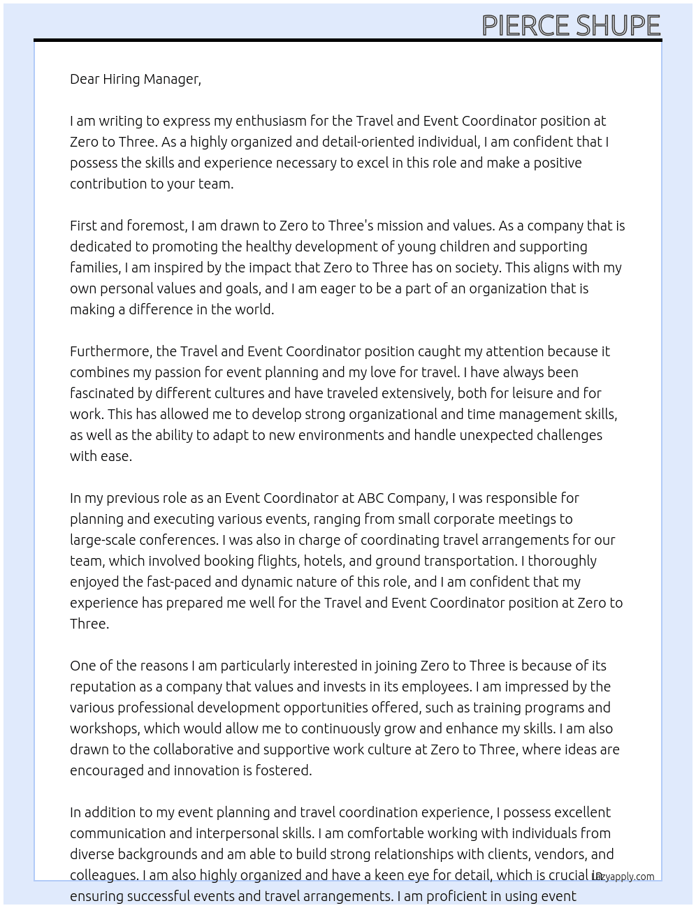 Travel and Event Coordinator At Zero to Three Cover Letter