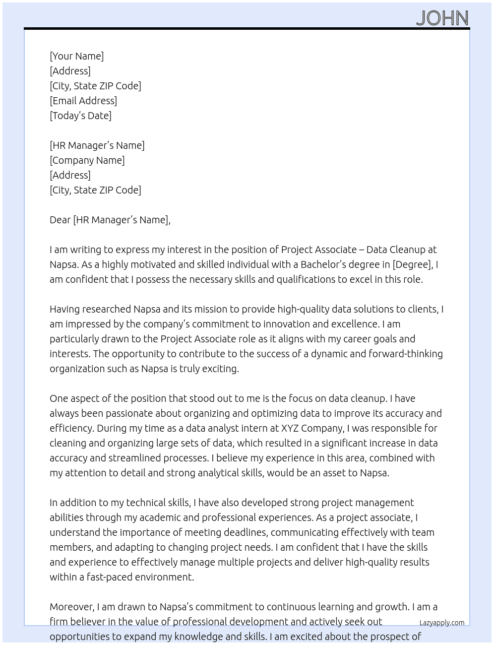 Project associate-data cleanup At Napsa Cover Letter