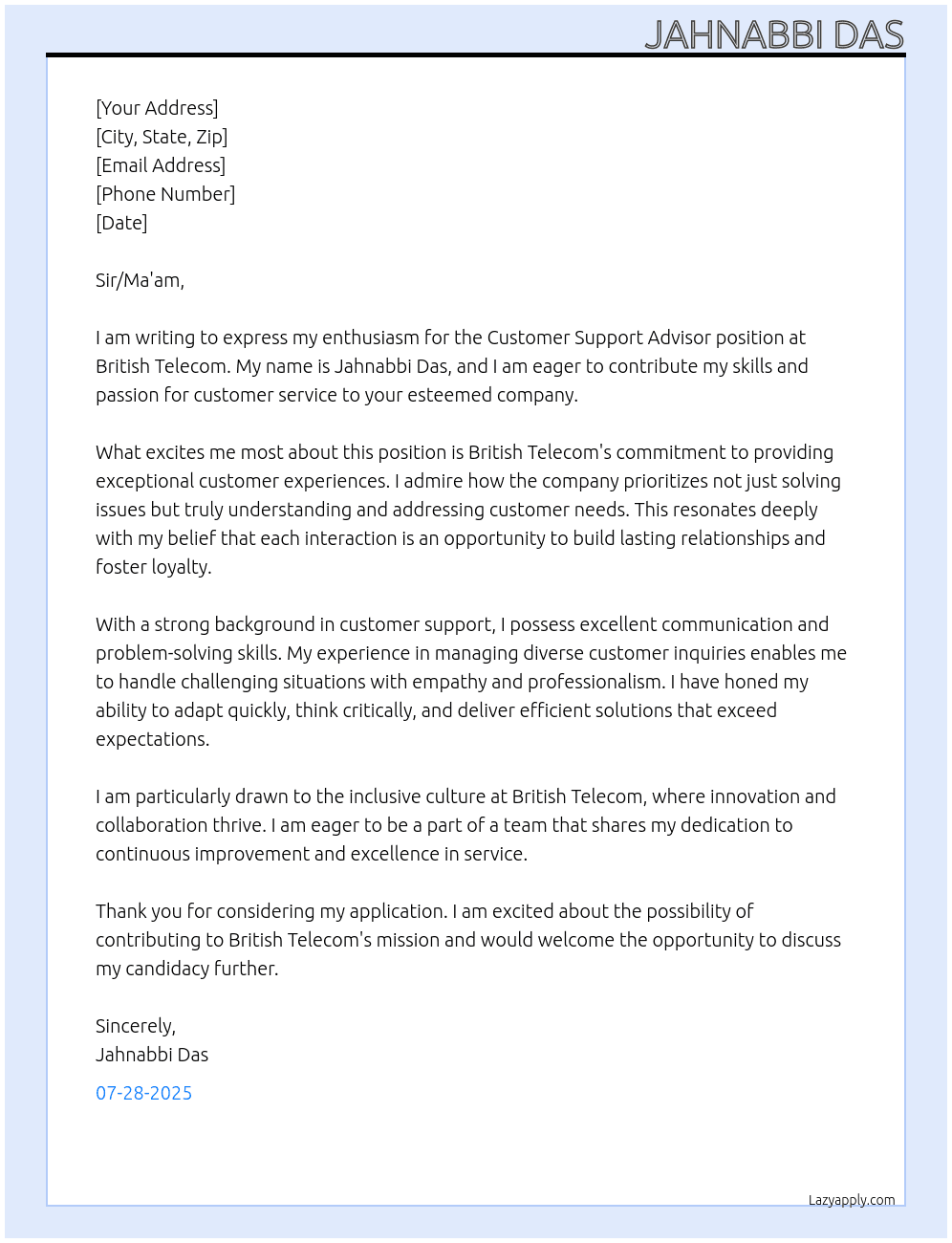 Customer Suppor Advisor At British Telecom Cover Letter