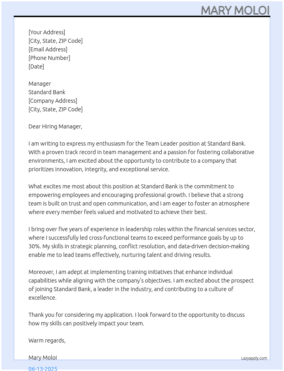 Team leader At Standard Bank Cover Letter