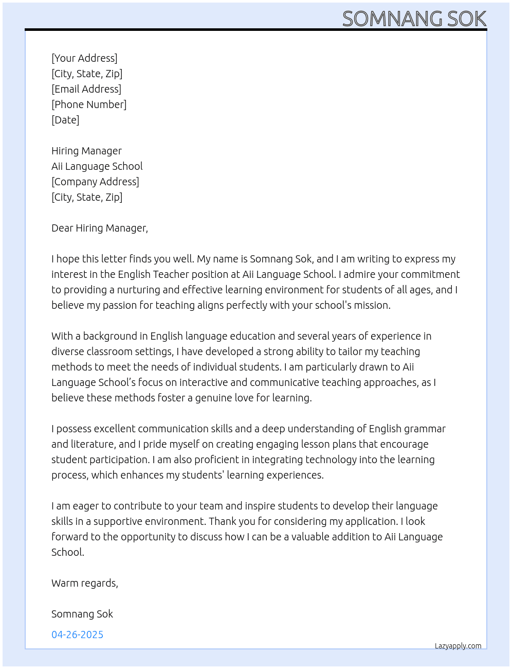 English Teacher At Aii Language School Cover Letter