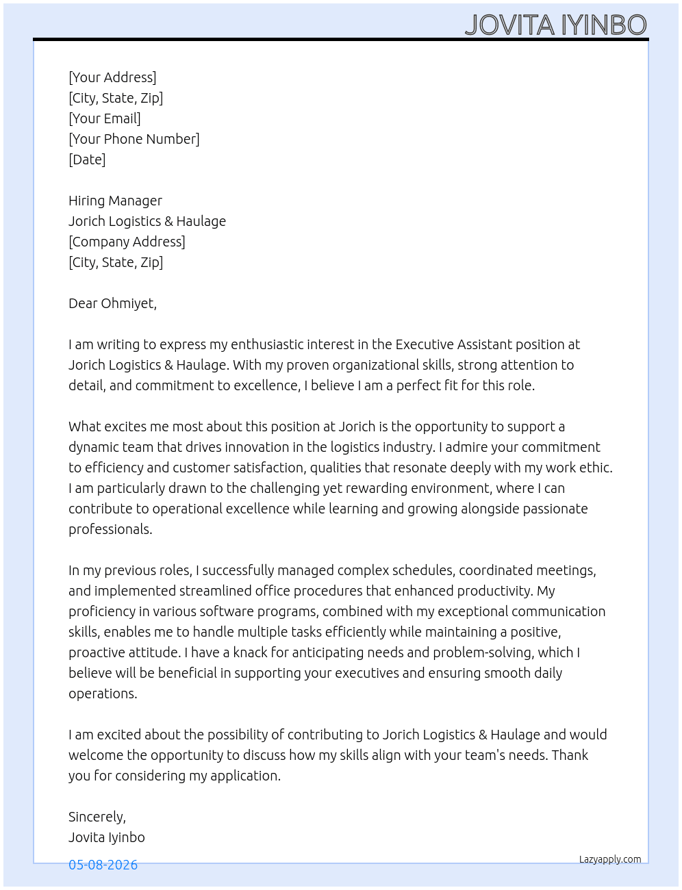 Executive Assistant At Jorich Logistics & Haulage Cover Letter