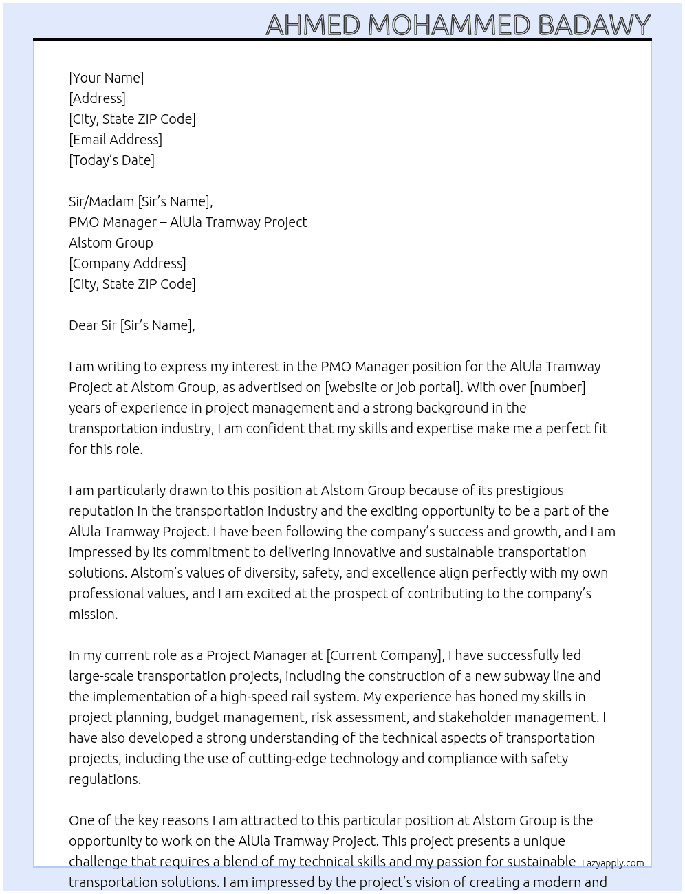 PMO Manager - AlUla Tramway Project  At alstomgroup.com Cover Letter