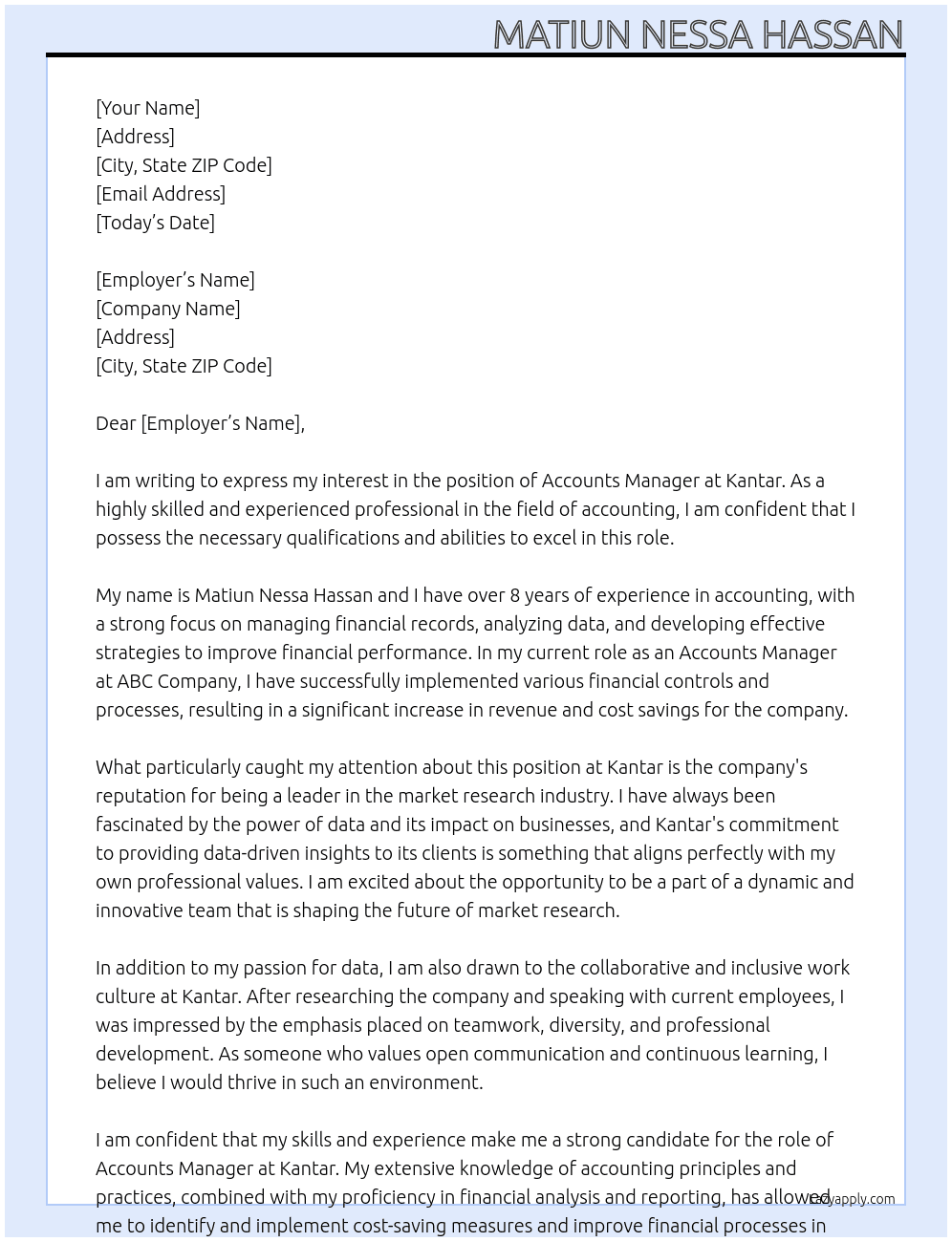 Accounts Manager At Kantar Cover Letter