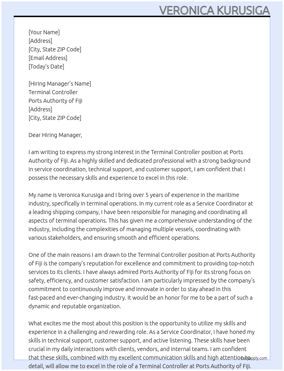 Cover letter for terminal controller - LazyApply