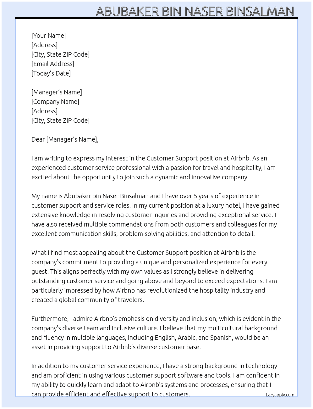 Customer support  At Airbnb  Cover Letter