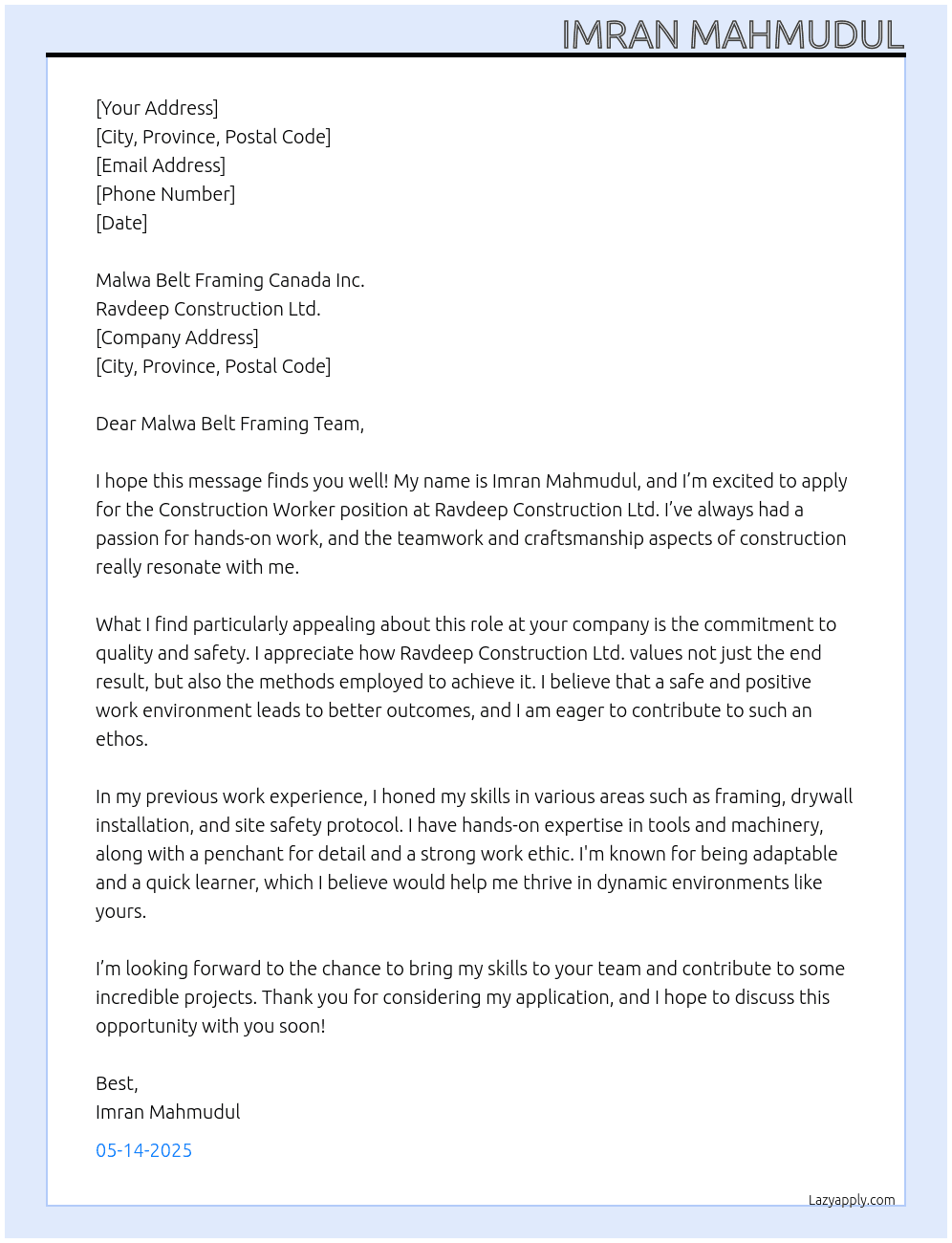 Construction Worker At Ravdeep Construction Ltd. Cover Letter
