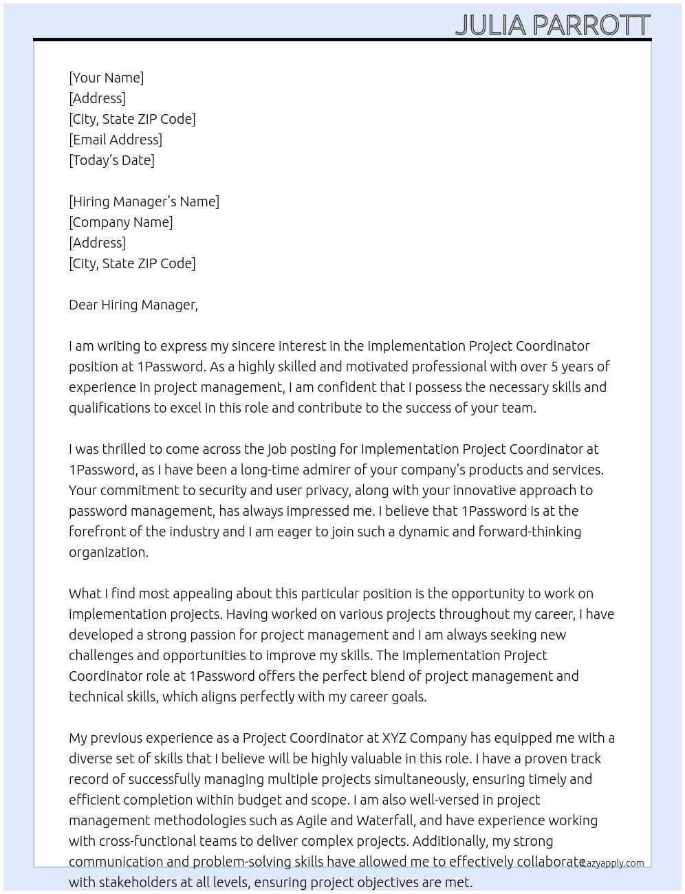 Cover letter for implementation project coordinatorr - LazyApply