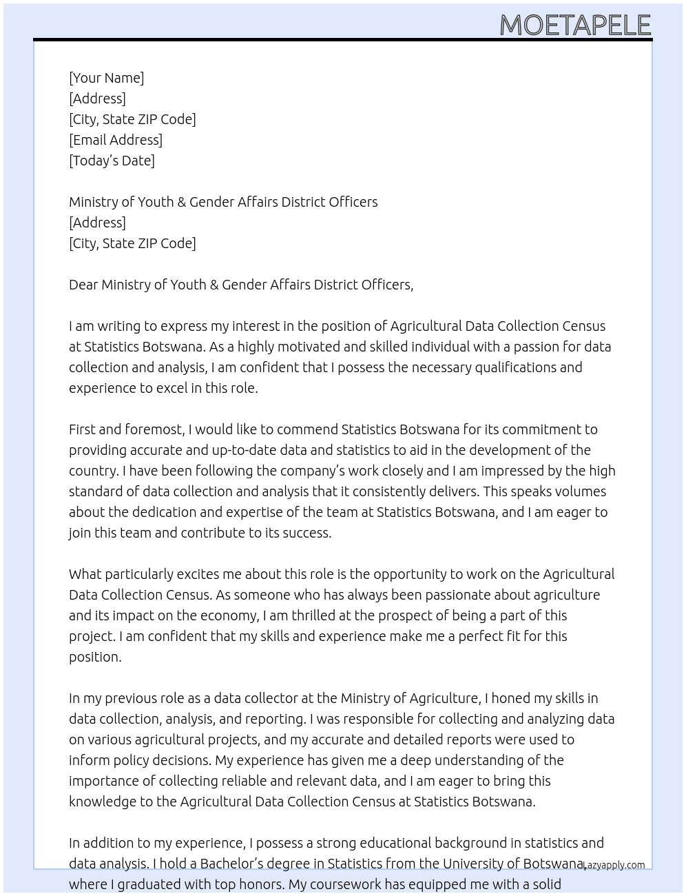 Agricultural data collection census At Statistics Botswana  Cover Letter