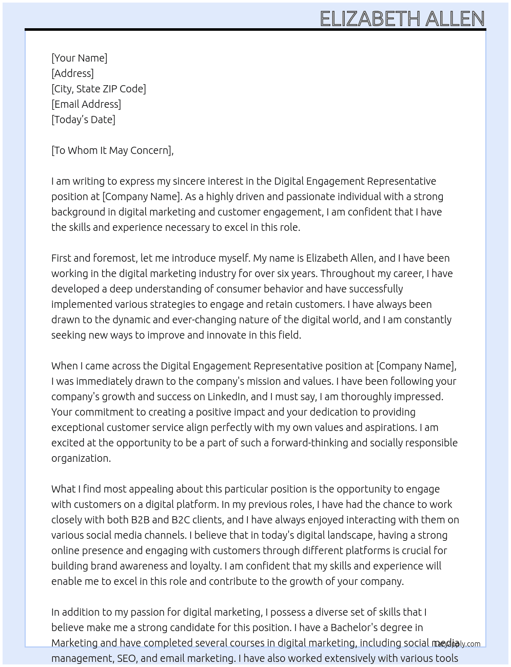 Digital Engagement Representative At https://www.linkedin.com/company/10669917 Cover Letter