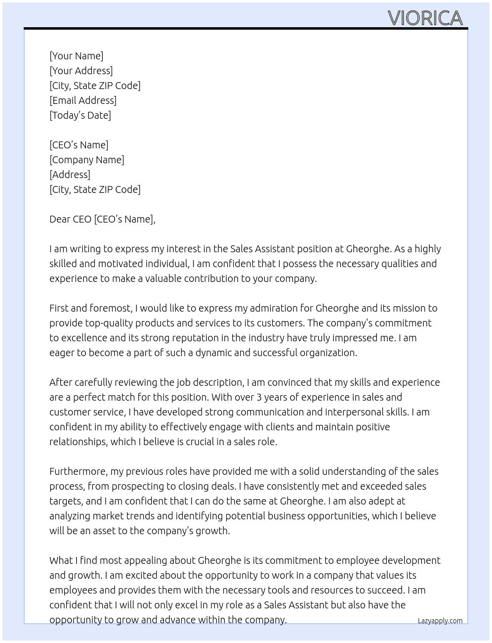 Sale Assistant  At Gheorghe Cover Letter