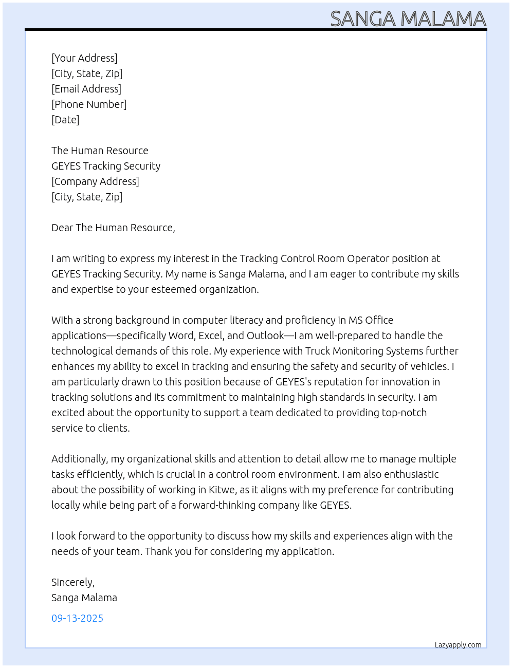 Tracking Control Room Operator At GEYES Tracking Security Cover Letter