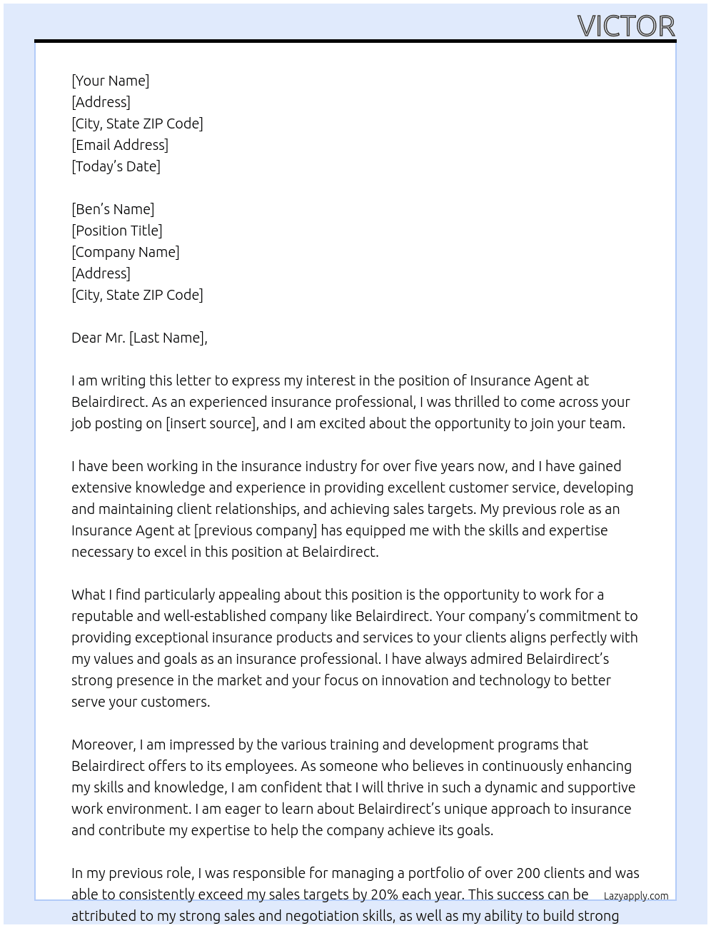 Cover letter for insurance agent - LazyApply