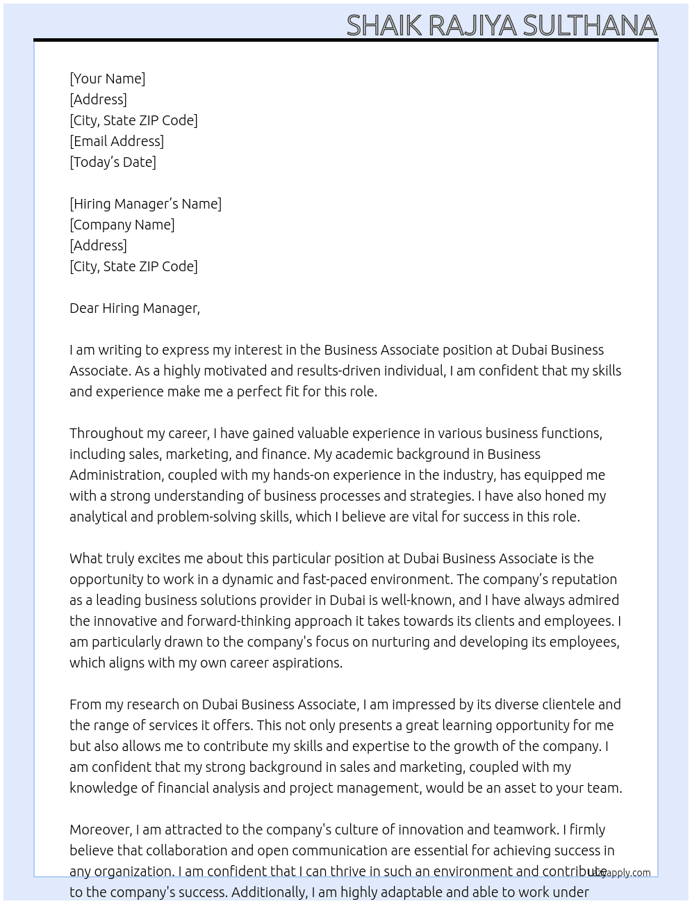 BUSINESS ASSOCIATE At DUBAI BUSINESS ASSOCIATE  Cover Letter