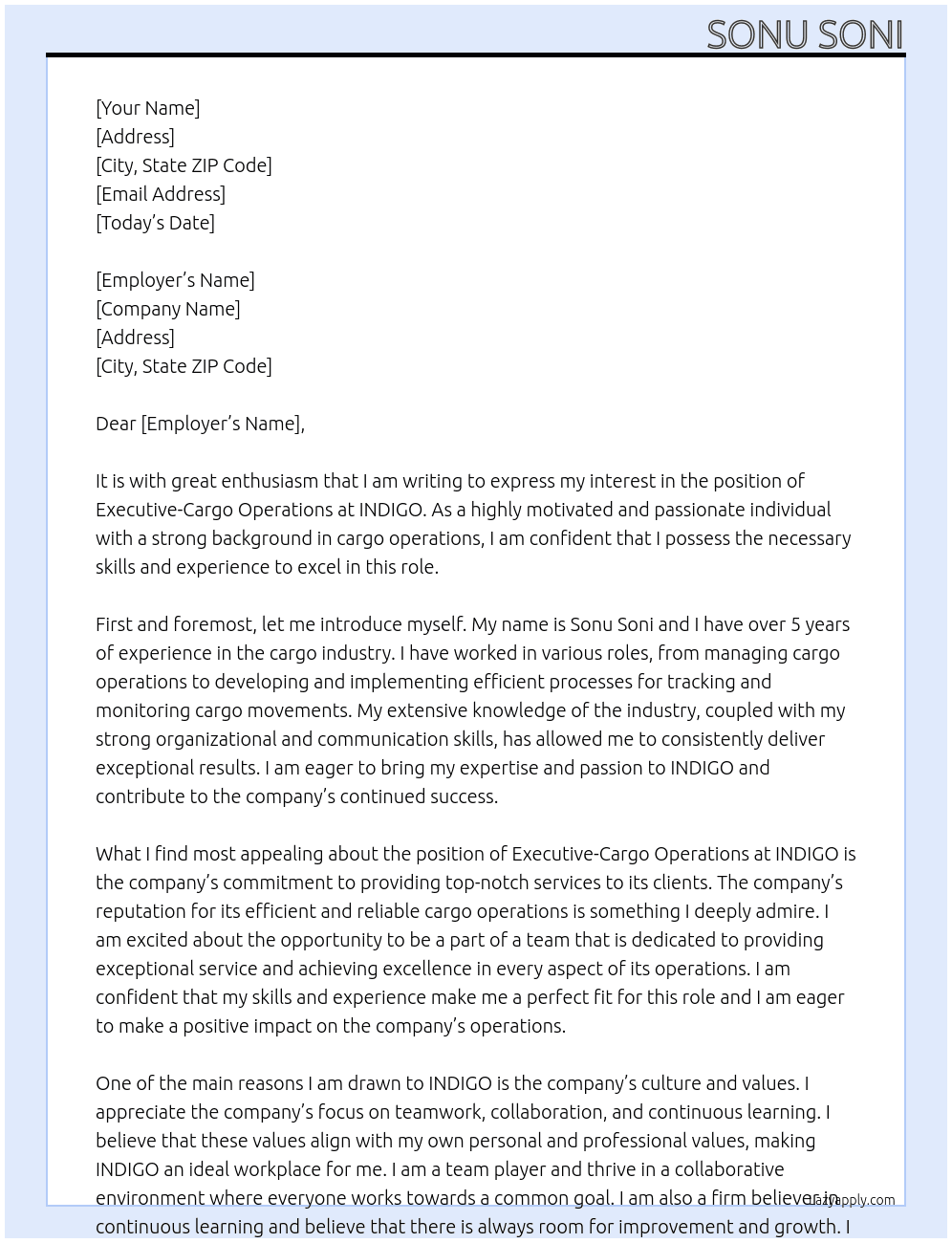 Executive-Cargo Operations At INDIGO Cover Letter