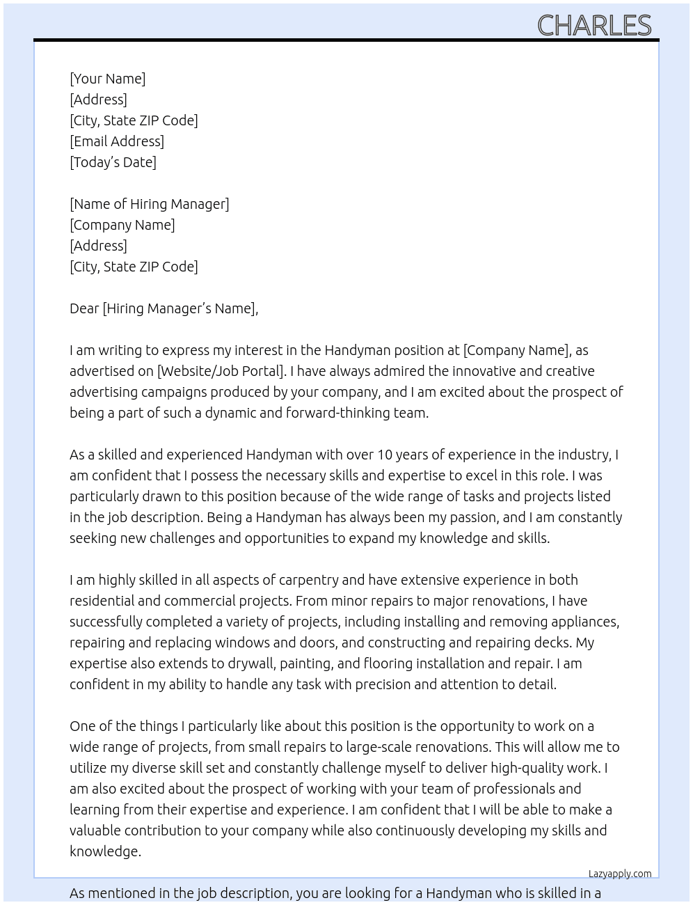 Handyman  At New potential customers  Cover Letter