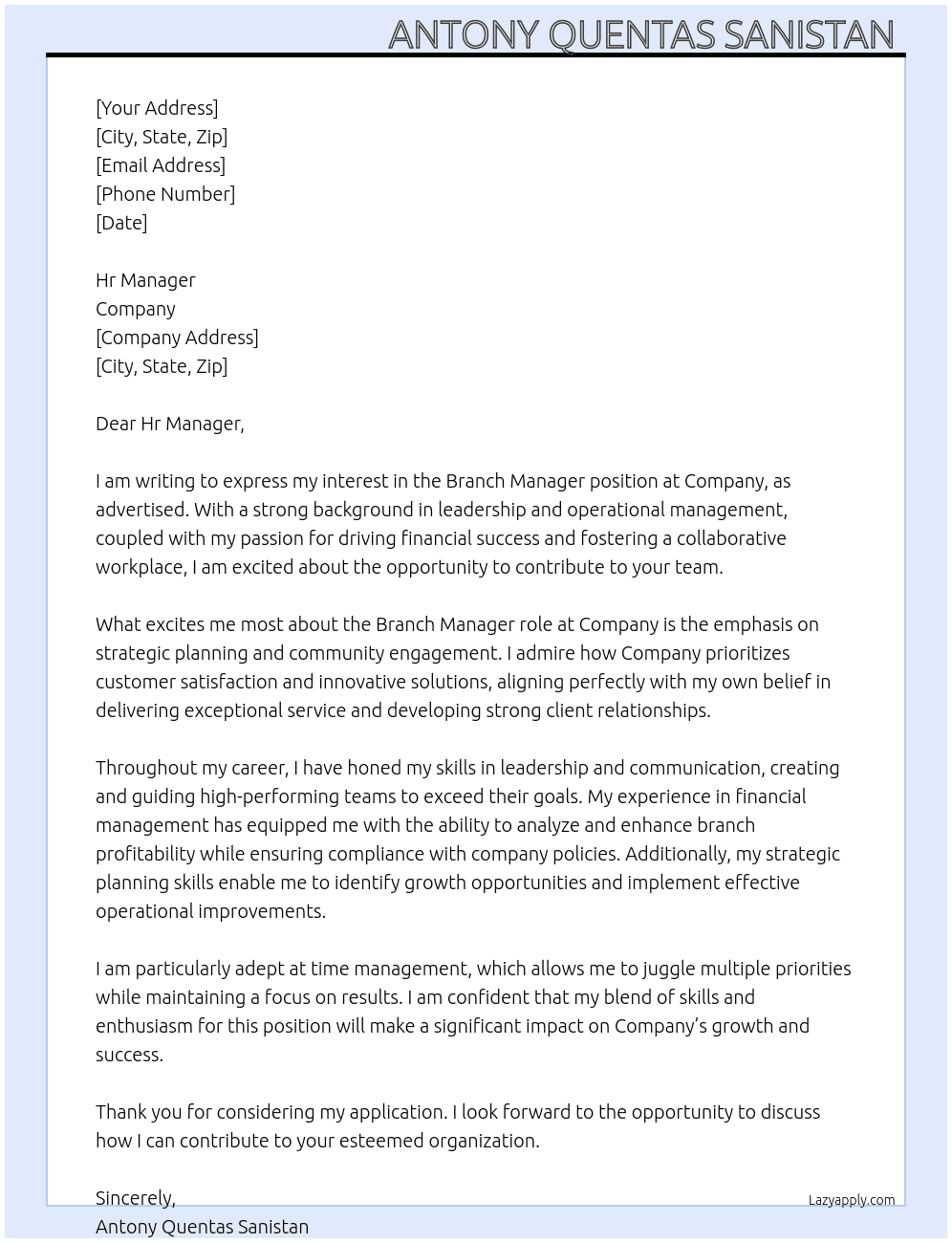 Branch Manager At Company Cover Letter