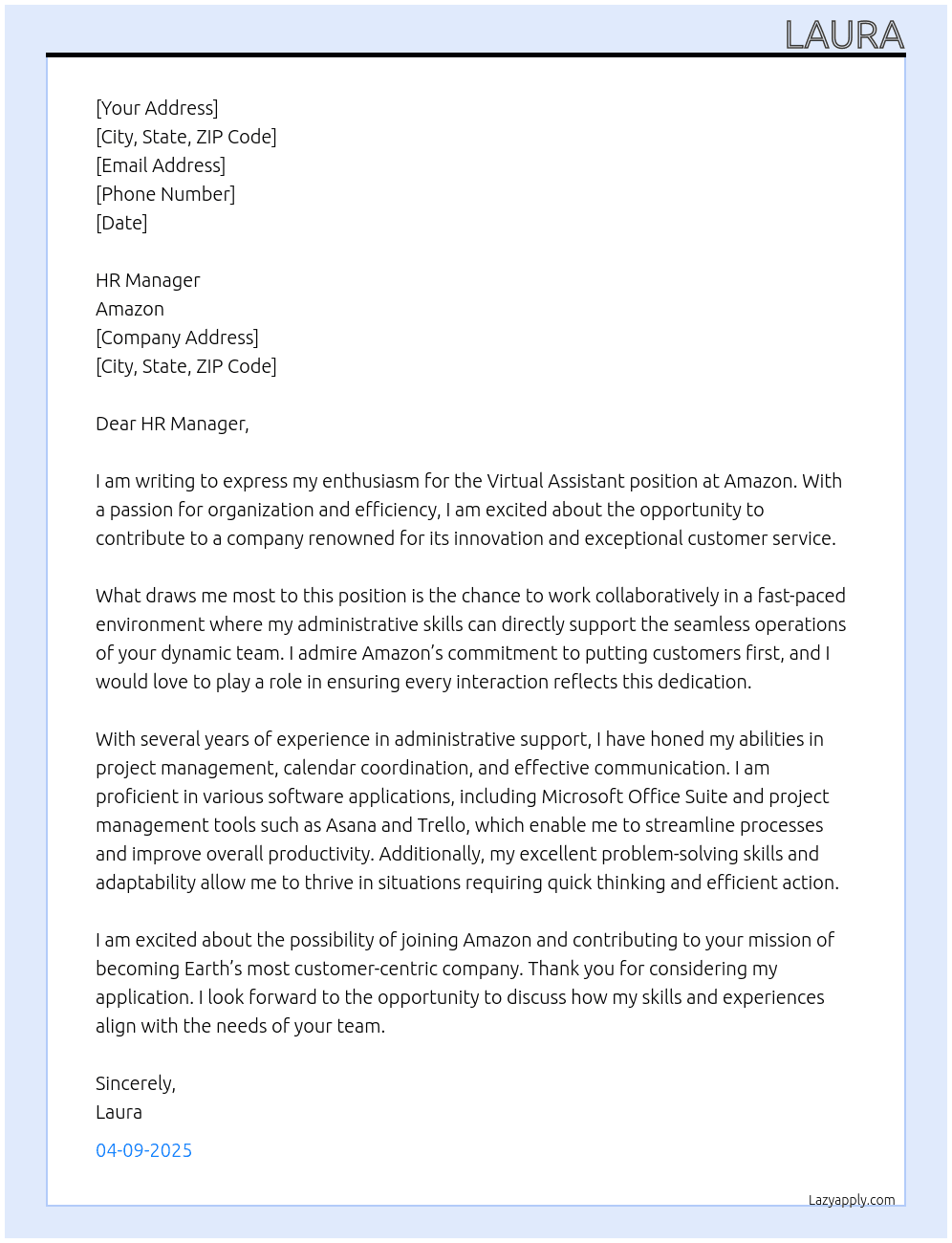 virtual assistant At amazon Cover Letter