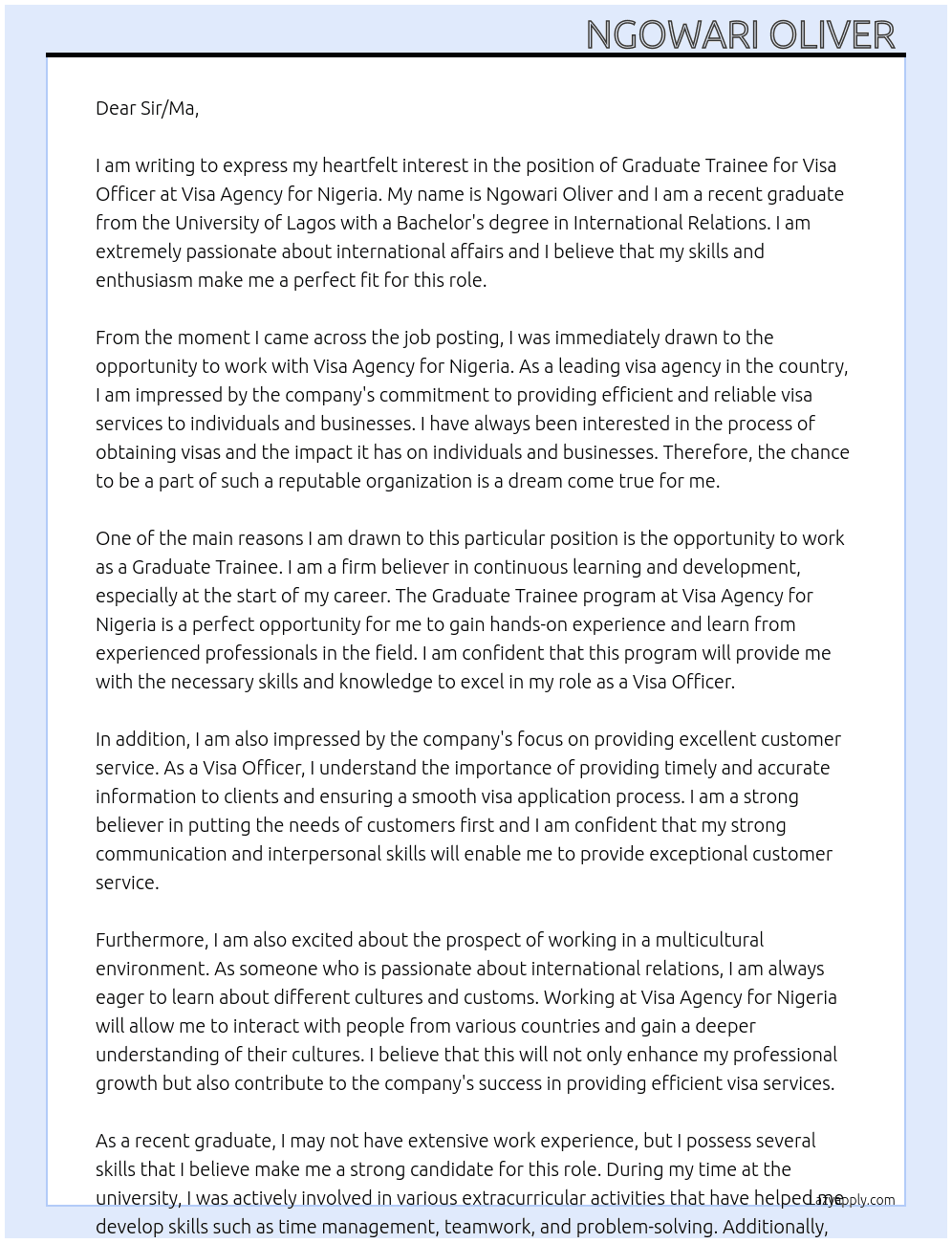 Cover letter for graduate trainee for visa officer - LazyApply