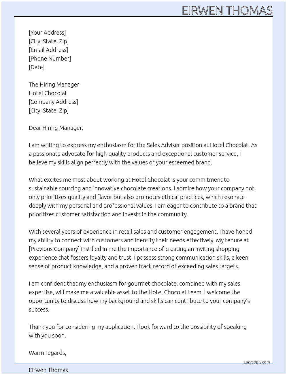 Sales adviser At Hotel Chocolat Cover Letter