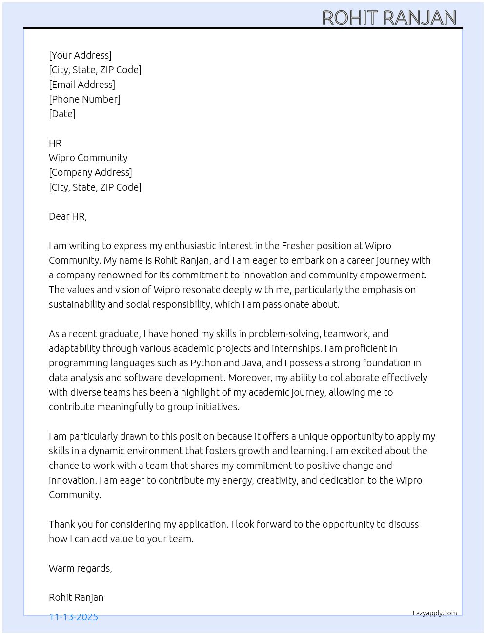 Fresher At Wipro community  Cover Letter