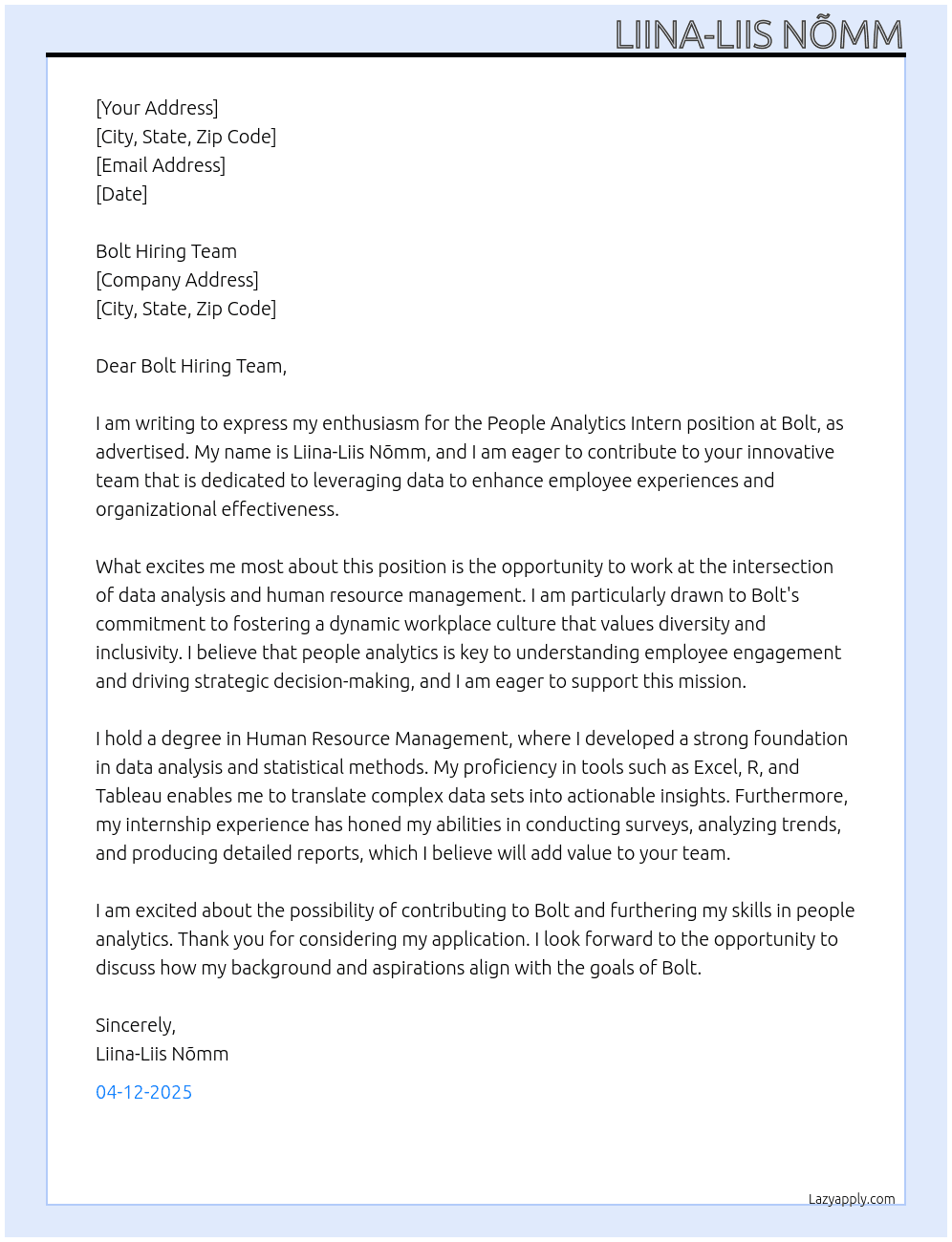 People Analytics Intern At Bolt Cover Letter