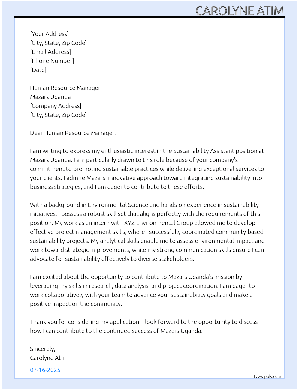 Sustainability Assistant  At Mazars Uganda  Cover Letter