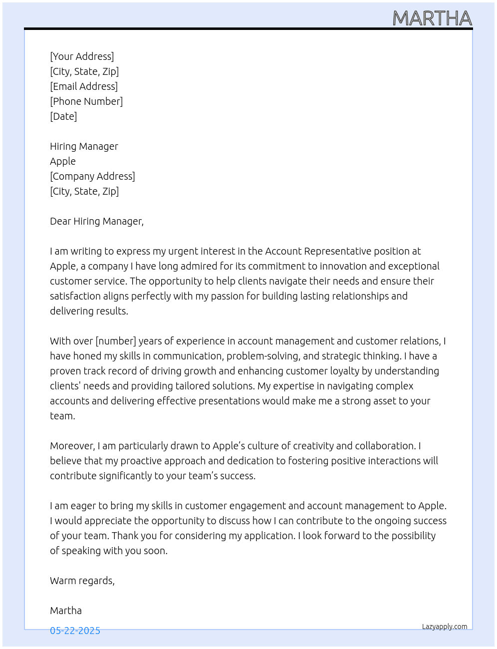 Cover letter for account representative - LazyApply