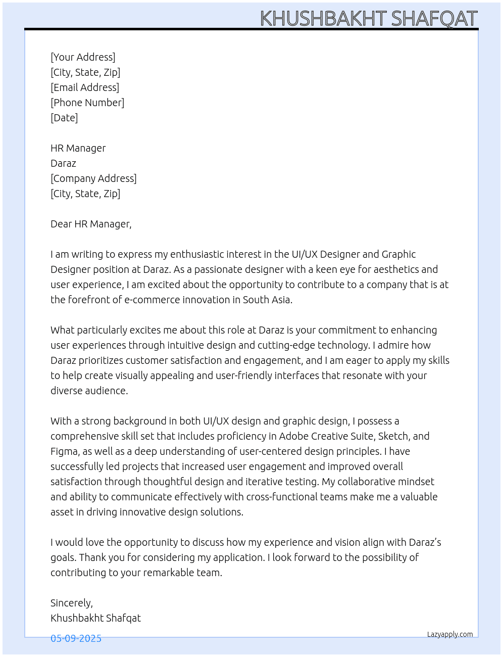 UI/UX designer and graphic designer At Daraz Cover Letter