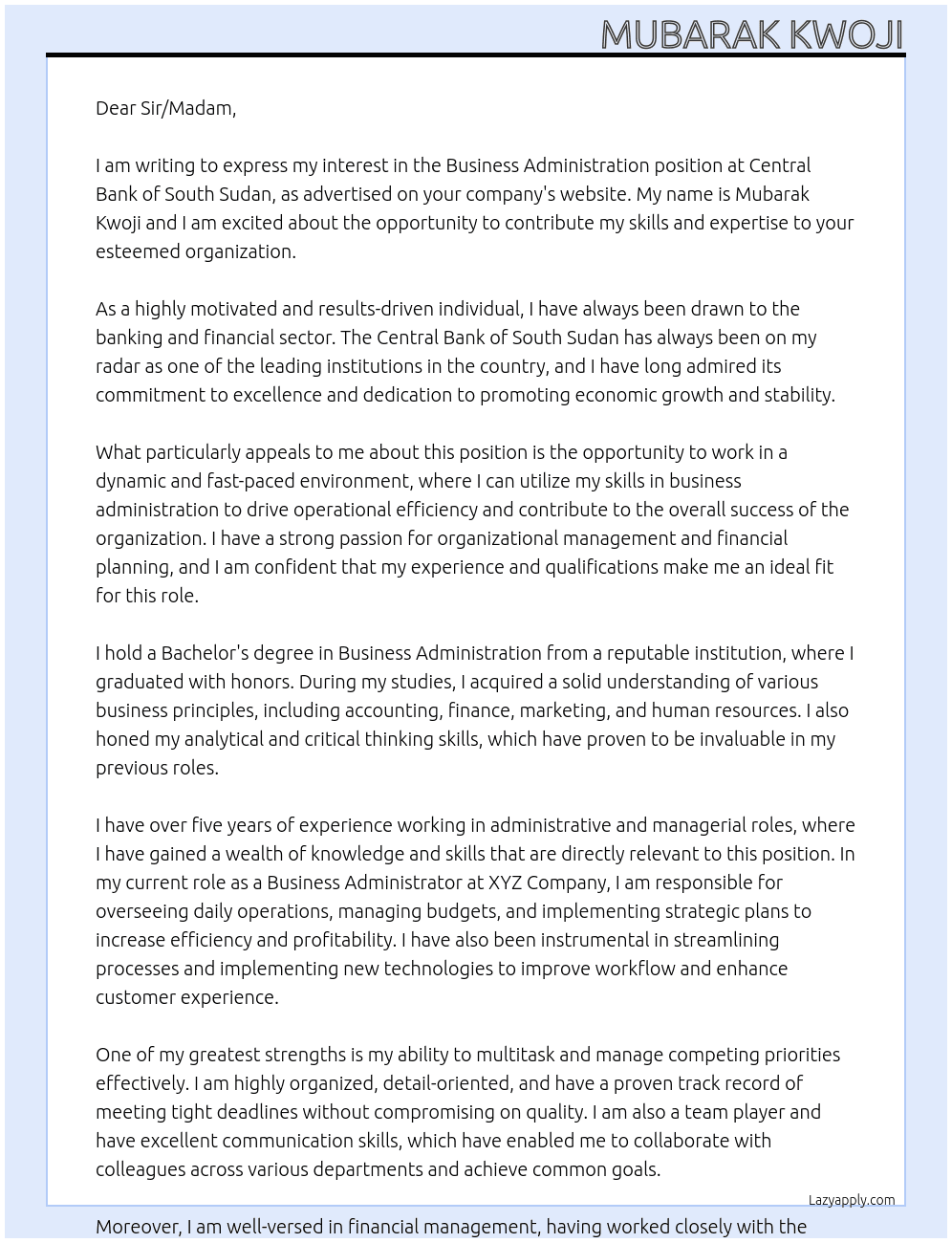 business administration At central bank of south sudan Cover Letter