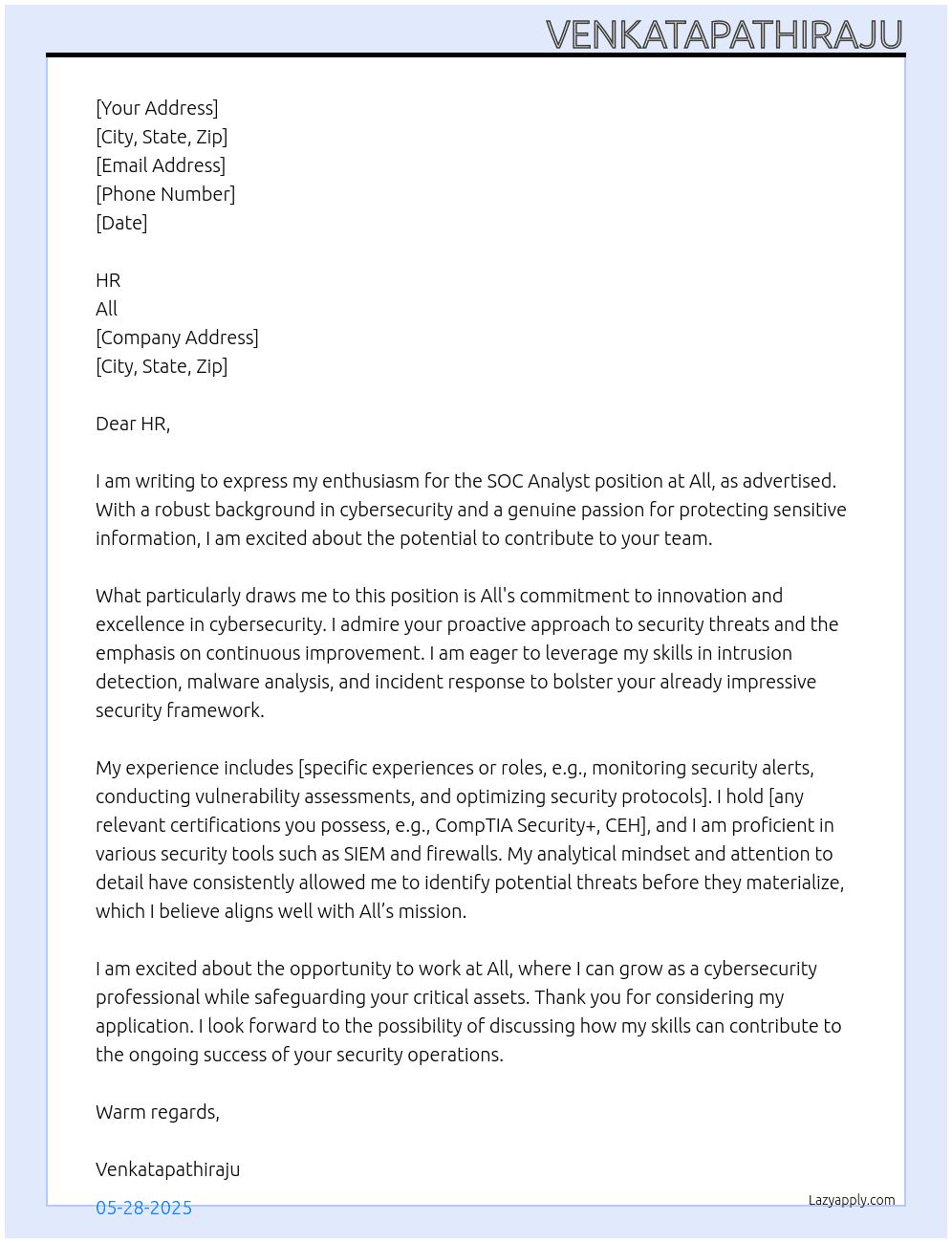 SOC Analyst At All Cover Letter