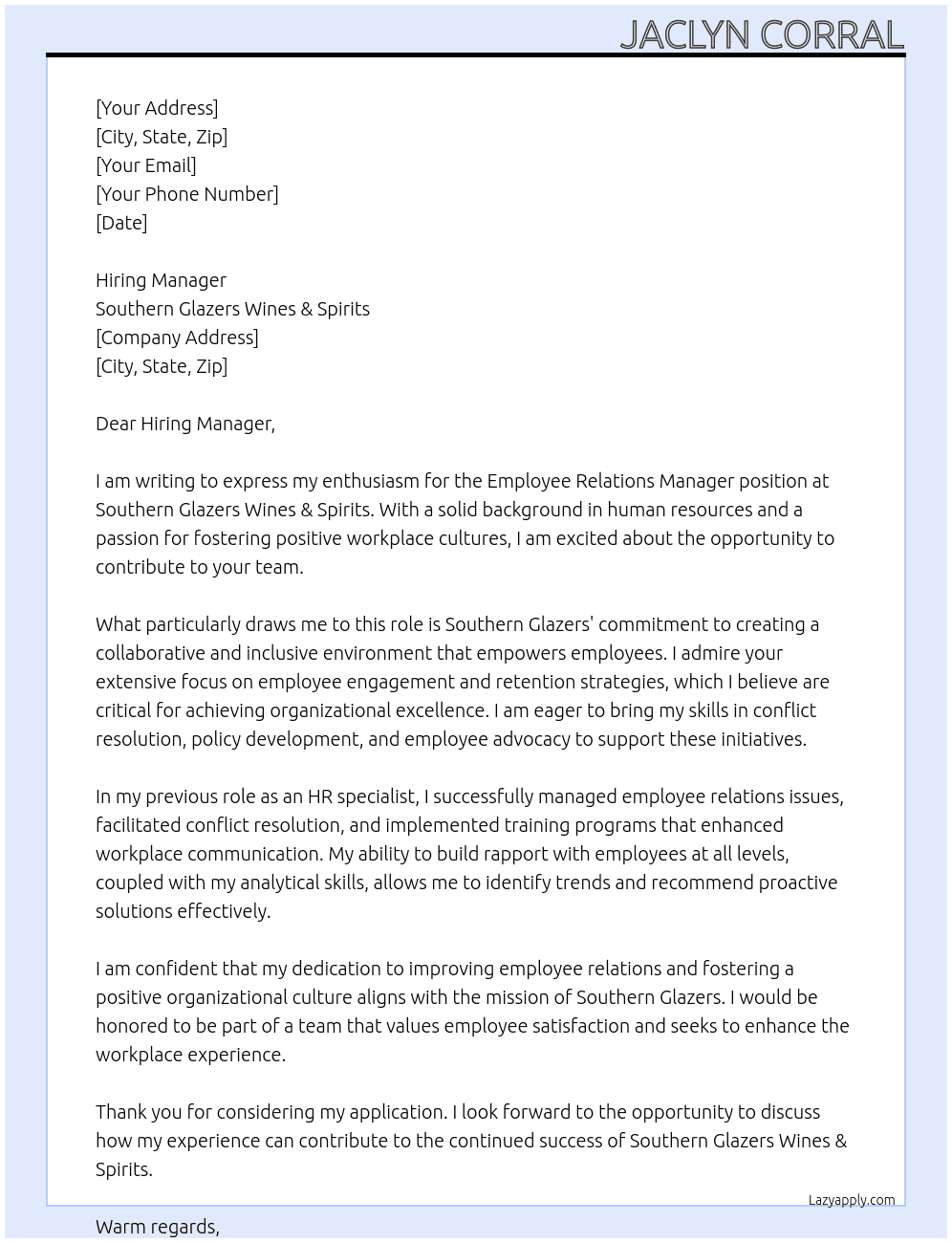 Employee relations manager At Southern Glazers’s Wines & Spirits Cover Letter