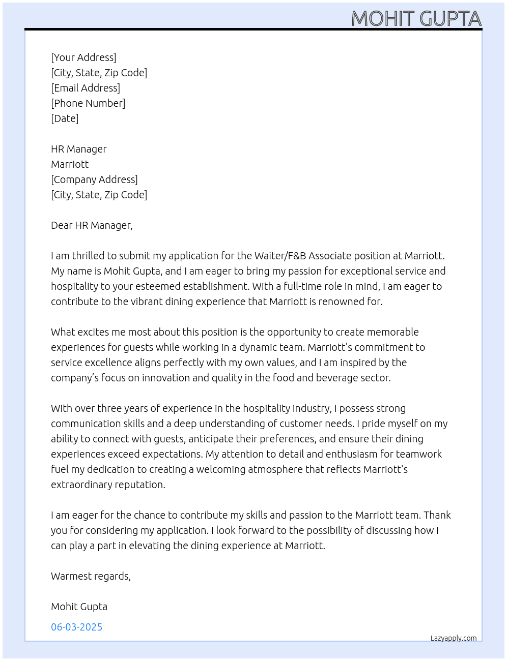 Waiter or F&b Associates  At Marriot  Cover Letter