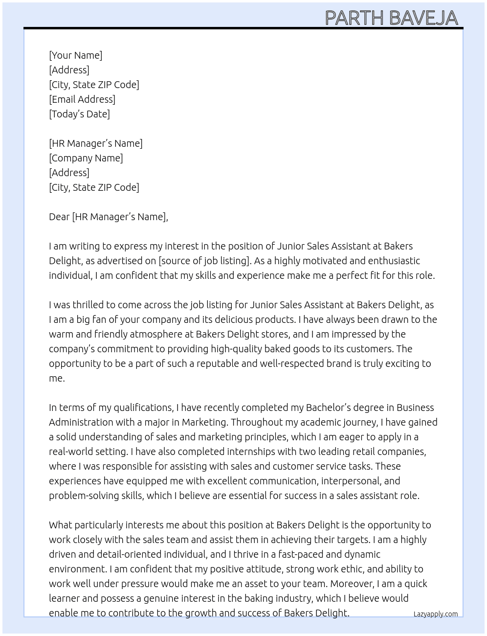 Junior Sales Assistant At Bakers Delight Cover Letter