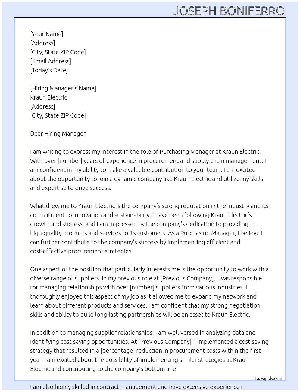 Purchasing Manager At Kraun Electric Cover Letter
