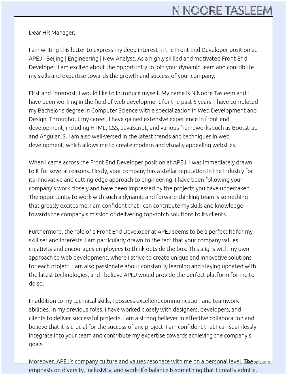 front end developer At APEJ | Beijing | Engineering | New Analyst Cover Letter