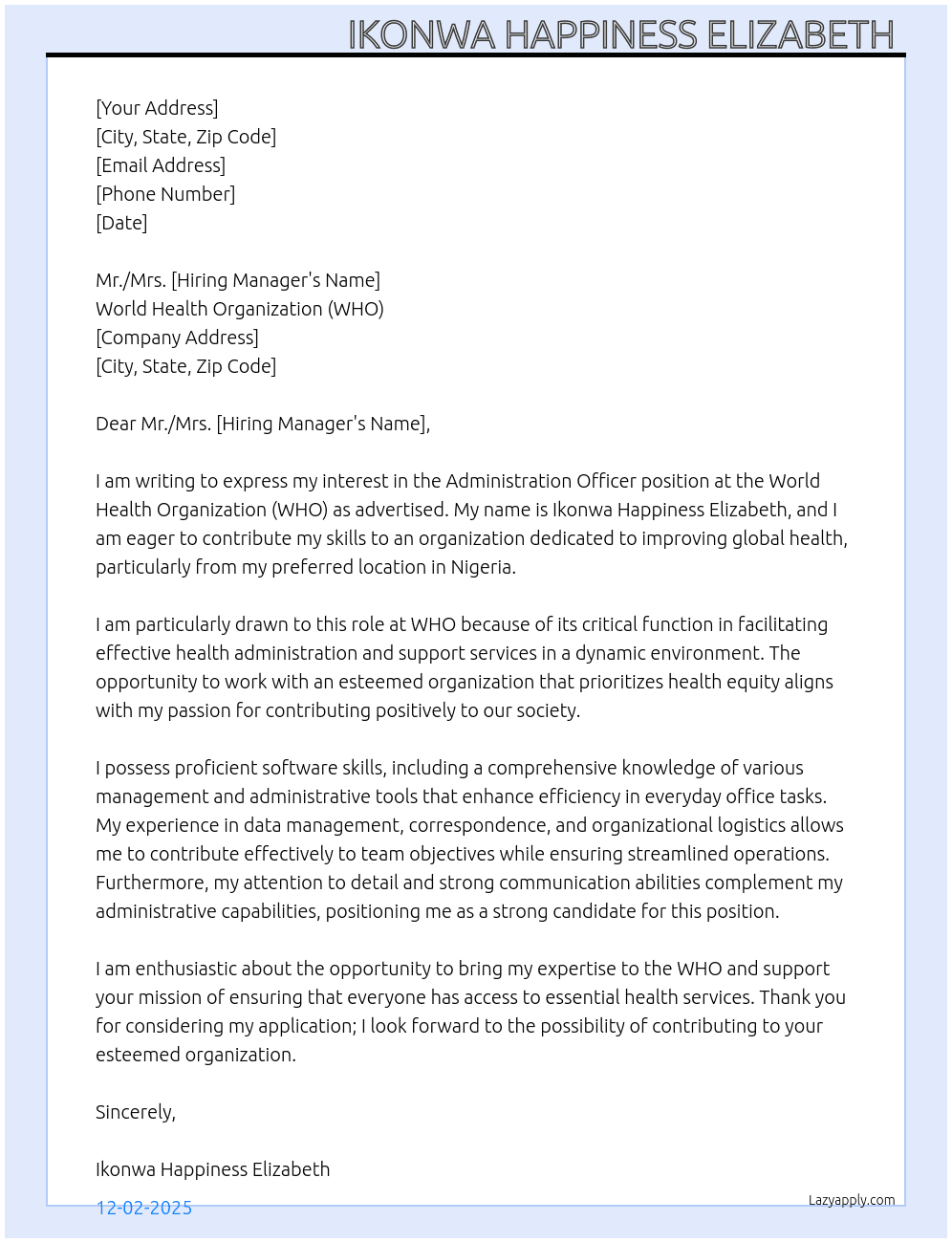 Administration officer  At WHO Cover Letter